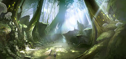 Rule 34 | 1boy, concept art, dappled sunlight, forest, light rays, male focus, nature, plant, scenery, silhouette, standing, sunlight, tera online, tree