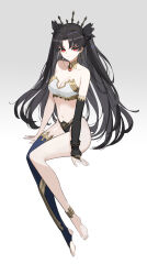 1girl absurdres asymmetrical_legwear barefoot black_hair breasts collarbone detached_collar fate/grand_order fate_(series) gradient_background highres invisible_chair ishtar_(fate) long_hair looking_at_viewer red_eyes rikui_(rella2930) single_sleeve sitting solo