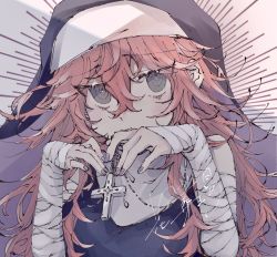 Rule 34 | 1girl, bandaged arm, bandages, bare shoulders, blush, closed mouth, commission, cross, cross necklace, eyes visible through hair, fingernails, grey eyes, hair between eyes, highres, jewelry, long hair, mylenkun, nail polish, necklace, nun, original, pink-haired nun (404notfound), pink hair, purple nails, signature, skeb commission, solo, upper body