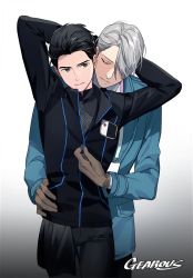 Rule 34 | 2boys, arms up, artist name, black hair, brown eyes, brown gloves, coat, closed eyes, gearous, gloves, hair over one eye, hair slicked back, hand on another&#039;s hip, highres, jacket, katsuki yuuri, male focus, multiple boys, parted lips, silver hair, track jacket, unzipping, viktor nikiforov, yaoi, yuri!!! on ice