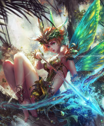 Rule 34 | 1girl, anklet, antilous, armlet, arrow (projectile), barefoot, bow (weapon), breasts, cleavage, fairy, fairy wings, fantasy, full body, green eyes, green wings, headpiece, in tree, jewelry, looking at viewer, original, outdoors, red hair, revealing clothes, short hair, sitting, solo, tree, weapon, wings