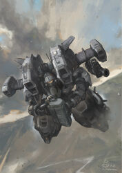 Rule 34 | aries (mobile suit), artist logo, artist name, assault visor, beam rifle, chinese commentary, cloud, cloudy sky, commentary request, dated, day, desert, energy gun, flying, gundam, gundam wing, highres, holding, holding weapon, mecha, mecha focus, missile pod, mobile suit, mountainous horizon, no humans, outdoors, robot, science fiction, sky, solo, weapon, windforcelan