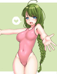 Rule 34 | 10s, 1girl, blue eyes, braid, competition swimsuit, green hair, heart, kantai collection, kurogane daichi, long hair, mole, mole under mouth, one-piece swimsuit, open mouth, smile, solo, swimsuit, yuugumo (kancolle)