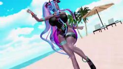 Rule 34 | 1girl, 3d, animated, artist request, ass, bare shoulders, beach, black one-piece swimsuit, blue hair, blue sky, blush, body markings, bouncing breasts, breasts, choker, cleavage, collarbone, colored skin, covered navel, curvy, dancing, dark-skinned female, dark skin, earrings, fate/grand order, fate (series), fish, full body, hair between eyes, hat, highleg, highleg swimsuit, horns, ibuki douji (fate), ibuki douji (swimsuit berserker) (fate), jewelry, large breasts, long hair, looking at viewer, mikumikudance (medium), multicolored hair, one-piece swimsuit, oni, oni horns, pink hair, pink hat, pink one-piece swimsuit, pointy ears, ponytail, red eyes, shiny skin, sidelocks, sky, smile, solo, sound, swimsuit, tail, thighs, two-tone swimsuit, umbrella, video, visor cap, wet, wide hips, wristband