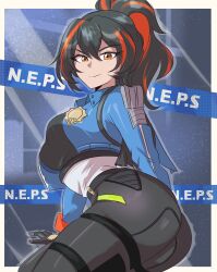 Rule 34 | 1girl, ass, black gloves, black hair, black pants, blue jacket, breasts, gloves, hair between eyes, high-waist pants, highres, holster, jacket, large breasts, long hair, master67silver, multicolored hair, orange eyes, pants, police, police badge, police uniform, policewoman, ponytail, red streaks, shoulder holster, solo, streaked hair, tight clothes, tight pants, zenless zone zero, zhu yuan