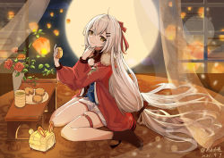 Rule 34 | 1girl, absurdres, artist name, boots, brown footwear, china dress, chinese clothes, closed mouth, cup, dated, dress, food, full body, girls&#039; frontline, green tea, hair ornament, hair ribbon, hairclip, highres, holding, holding food, jacket, long hair, looking at viewer, official alternate costume, on floor, open clothes, open jacket, red jacket, red ribbon, ribbon, sakatakin, shorts, silver hair, smile, solo, spread legs, svd (camellia&#039;s vigil) (girls&#039; frontline), svd (girls&#039; frontline), table, tea, teacup, vase, very long hair, white shorts, window, yellow eyes