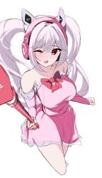 Rule 34 | 1girl, :d, absurdres, alice (nikke), alternate costume, animal ear headphones, animal ears, blush, bow, breasts, dress, fake animal ears, goddess of victory: nikke, grey hair, hair between eyes, headphones, headset, highres, holding, kurono suzuran, large breasts, long hair, looking at viewer, one eye closed, open mouth, pink dress, pink eyes, red bow, sidelocks, smile, solo, twintails
