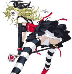 Rule 34 | 1girl, blonde hair, blue eyes, corset, cross, dragon quest, dragon quest swords, elbow gloves, feather hair ornament, feathers, fingerless gloves, gloves, hair ornament, jewelry, leaning forward, miwa shirow, oekaki, open mouth, panties, pantyshot, scepter, setia, solo, striped clothes, striped thighhighs, thighhighs, underwear, white panties