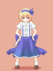 Rule 34 | 1girl, :&gt;, alice margatroid, alice margatroid (pc-98), blonde hair, blue eyes, book, child, female focus, hairband, hands on own hips, haruba negi, highres, mystic square, pout, shiro negi, short hair, simple background, solo, touhou, touhou (pc-98)