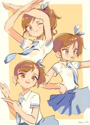 Rule 34 | 1girl, arms up, artist name, blue necktie, blue ribbon, blue skirt, border, brown eyes, brown hair, closed mouth, collared shirt, commentary request, cropped legs, cropped torso, futami mami, hair ribbon, hand on own hip, hands up, highres, idolmaster, idolmaster (classic), imay3927, looking ahead, looking at viewer, multiple views, necktie, open mouth, outstretched arm, pleated skirt, ribbon, shirt, short hair, short sleeves, side ponytail, simple background, skirt, smile, v-shaped eyebrows, white border, white shirt, x arms, yellow background