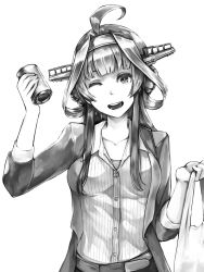 Rule 34 | 1girl, ahoge, bag, breasts, can, double bun, greyscale, hair bun, headgear, holding, holding bag, holding can, jacket, kantai collection, kongou (kancolle), kurou (bcrow), long hair, looking at viewer, medium breasts, monochrome, official alternate costume, one eye closed, open mouth, shirt, shopping bag, sidelocks, simple background, solo