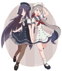 Rule 34 | 2girls, :d, ahoge, aiguillette, alternate costume, anchor symbol, beret, blue hair, blush, bobby socks, brown eyes, buttons, commentary request, cosplay, dress, grey eyes, grey hair, hair between eyes, hair over one eye, hand on headwear, hat, hayashimo (kancolle), highres, hime cut, holding hands, kantai collection, kiyoshimo (kancolle), long hair, looking at viewer, lost tree, low twintails, mary janes, md5 mismatch, multicolored hair, multiple girls, neckerchief, open mouth, pantyhose, purple hair, resolution mismatch, riz (ravel dc), sailor dress, sailor hat, shoes, short sleeves, simple background, smile, socks, source smaller, tumblr username, twintails, very long hair