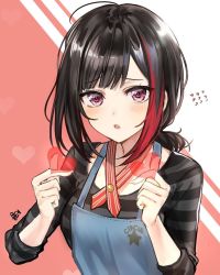 Rule 34 | 1girl, ahoge, alternate costume, alternate hairstyle, bad id, bad source, bad twitter id, bang dream!, black hair, black shirt, black stripes, blue overalls, blunt bangs, casual, chestnut mouth, collarbone, cropped, double finger heart, english text, finger heart, heart, highres, korean text, medium hair, mitake ran, multicolored hair, neck ribbon, overalls, pink background, pinstripe pattern, ponytail, purple eyes, red eyes, red hair, red ribbon, ribbon, sera nin, shirt, signature, sleeves past elbows, solo, star (symbol), streaked hair, striped clothes, striped ribbon, striped shirt, sweatdrop, t-shirt, two-tone background, two-tone shirt, white background, white ribbon