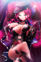 Rule 34 | 1girl, aile (crossroads), belt, breasts, character request, cleavage, collar, crossed legs, drill hair, fishnet thighhighs, fishnets, garter straps, green eyes, hat, large breasts, long hair, looking at viewer, pink hair, sitting, smile, solo, sword girls, thighhighs, whip