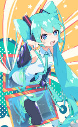 Rule 34 | 1girl, :d, absurdres, blue eyes, blue hair, boots, cheek poking, collared shirt, detached sleeves, eighth note, halftone, halftone background, hatsune miku, highres, index finger raised, kinosuke (pattaba), long hair, long sleeves, looking at viewer, musical note, nail polish, necktie, open mouth, pleated skirt, poking, screen, shirt, skirt, sleeveless, sleeveless shirt, smile, solo, star (symbol), thigh boots, through medium, through screen, twintails, very long hair, vocaloid