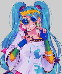 Rule 34 | 1girl, aqua hair, chatot, creatures (company), earrings, fingerless gloves, game freak, gen 4 pokemon, gloves, grin, hatsune miku, highres, jewelry, long hair, looking at viewer, nintendo, normal miku (project voltage), poke ball, pokemon, project voltage, ring, ruinique, shirt, simple background, smile, sunglasses, twintails, v, very long hair, vocaloid, white shirt