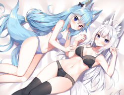 Rule 34 | 2girls, :o, animal ear fluff, animal ears, bare arms, bare shoulders, bed sheet, black bow, black bra, black legwear, black panties, blue bra, blue eyes, blue hair, blue panties, blush, bow, bow bra, bow panties, bra, breasts, cleavage, closed mouth, commission, ear bow, ear piercing, feet out of frame, hair between eyes, heterochromia, holding hands, interlocked fingers, large breasts, long hair, lying, mauve, multiple girls, on back, on side, panties, parted lips, piercing, pixiv commission, purple eyes, silver hair, smile, tail, thigh gap, thighhighs, underwear, underwear only, very long hair, vrchat