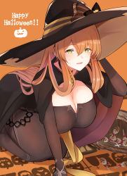 Rule 34 | 10eki (tenchou), 1girl, all fours, black cape, black hat, blush, breasts, brown dress, brown hair, candy, cape, cleavage, dress, food, girls&#039; frontline, gloves, green eyes, hair between eyes, hair rings, halloween, halloween costume, happy halloween, hat, hat ribbon, highres, large breasts, long hair, looking at viewer, official alternate costume, ribbon, sidelocks, solo, springfield (classic witch) (girls&#039; frontline), springfield (girls&#039; frontline), sweatdrop, witch hat