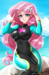 Rule 34 | 1girl, beach, blue eyes, blush, breasts, butterfly hair ornament, cloud, curly hair, day, diving suit, fluttershy, hair ornament, hasbro, jewelry, long hair, looking at viewer, medium breasts, my little pony, my little pony: equestria girls, my little pony: friendship is magic, narrow waist, necklace, ocean, outdoors, pink hair, racoon-kun, rock, sitting, sky, smile, solo, thighs, very long hair, watermark, web address, wet, wet clothes