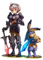 Rule 34 | 1boy, armor, bad id, bad pixiv id, cornelius (odin sphere), couter, eating, furry, furry male, hiz, male focus, nature, odin sphere, oswald, plant, rabbit, solo, sword, weapon, white background