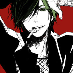 Rule 34 | 1boy, arsmagna, bad id, bad pixiv id, bak witt, cross, cross necklace, green hair, hair over one eye, jewelry, lowres, male focus, mouth hold, necklace, ooyama (hnk1018), red background, simple background, smirk, solo