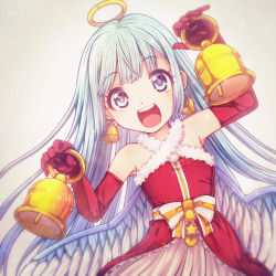 Rule 34 | 1girl, :d, alternate costume, bell, bell earrings, bellringer angel, blue eyes, bow, christmas, dual wielding, earrings, elbow gloves, gloves, halo, harukaze makoto, highres, holding, jewelry, long hair, looking at viewer, open mouth, red gloves, shadowverse, simple background, smile, solo, standing, star (symbol), striped, striped bow, upper body, very long hair, white bow, white hair, wings