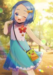 Rule 34 | 1girl, ;d, bare arms, blue dress, blue eyes, blue hair, blurry, blurry background, collarbone, commentary request, commission, depth of field, dress, flower, forehead, hand up, kamiya hiyoko, kou hiyoyo, looking at viewer, mushiking, one eye closed, open mouth, outdoors, parted bangs, red flower, shin kouchuu ouja mushiking, skeb commission, sleeveless, sleeveless dress, smile, solo, sunset, tree, white dress