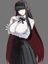 Rule 34 | 1girl, alternate breast size, arm under breasts, black bow, black bowtie, black hair, black hairband, black skirt, bow, bowtie, breasts, closed mouth, colored inner hair, commentary, english commentary, grey background, grey eyes, hairband, highres, jonyeld, large breasts, long hair, long skirt, long sleeves, looking at viewer, multicolored hair, notice lines, one eye closed, outline, red hair, red outline, shirt, simple background, skirt, smile, solo, tohno akiha, tsukihime, two-tone hair, very long hair, white shirt