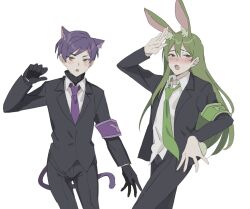 Rule 34 | 2boys, animal ear fluff, animal ears, black gloves, black jacket, black pants, blush, cat boy, cat ears, cat tail, collared shirt, gloves, green hair, green necktie, highres, jacket, lobotomy corporation, long hair, long sleeves, mu46016419, multiple boys, necktie, netzach (project moon), open mouth, pants, paw pose, project moon, purple hair, rabbit boy, rabbit ears, rabbit tail, shirt, simple background, tail, very long hair, white background, white shirt, yellow eyes, yesod (project moon)