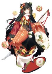 Rule 34 | 1girl, bad id, bad pixiv id, bag, black hair, bow, brown eyes, floral print, food, food fantasy, full body, hair bow, hair ornament, hair stick, handbag, highres, holding, holding polearm, holding spear, holding weapon, japanese clothes, kimono, long hair, long sleeves, loose socks, nail polish, obi, personification, polearm, red nails, sandals, sash, simple background, socks, solo, soy sauce, spear, standing, sushi, tachi-e, very long hair, weapon, white background, white legwear, wide sleeves