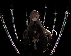 Rule 34 | 1girl, backlighting, black background, character request, copyright request, dark, hair over one eye, highres, long hair, long sleeves, looking at viewer, multiple swords, narue, parted lips, red eyes, solo, sword, upper body, weapon