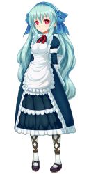 Rule 34 | 1girl, :|, arms at sides, black footwear, blue hair, blue hairband, blue ribbon, blush, breasts, closed mouth, full body, hair ribbon, hairband, light blue hair, lily cassano, long hair, long sleeves, looking at viewer, maid, official art, pantyhose, patriarch xtasy, pink eyes, red ribbon, ribbon, small breasts, solo, standing, transparent background, very long hair, white pantyhose
