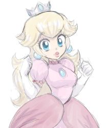 Rule 34 | 1girl, blonde hair, blue eyes, breasts, brooch, clenched hands, closed mouth, cowboy shot, crown, dress, earrings, elbow gloves, eyelashes, gloves, hands up, head tilt, jewelry, long hair, looking at viewer, mario (series), medium breasts, nintendo, pink dress, princess, princess peach, puffy short sleeves, puffy sleeves, short sleeves, simmsy, simple background, sketch, smile, solo, super mario bros. 1, thick lips, white background, white gloves