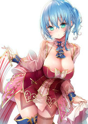 Rule 34 | 1girl, alt (ctrldel), ascot, asymmetrical legwear, atelier (series), back bow, blue hair, blush, bow, braid, breasts, cleavage, collar, collarbone, commentary request, dress, green eyes, hair between eyes, highres, large breasts, long sleeves, looking at viewer, nelke to densetsu no renkinjutsushi tachi, nelke von luchetam, one side up, red dress, sidelocks, simple background, single braid, solo, uneven legwear, white background