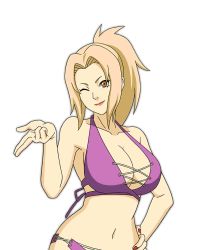 Rule 34 | 1girl, bare shoulders, belly, bikini, blonde hair, breasts, brown eyes, cleavage, collarbone, female focus, hand on own hip, large breasts, looking at viewer, midriff, nail polish, naruto (series), naruto shippuuden, navel, official alternate costume, official art, one eye closed, ponytail, purple bikini, red nails, smile, solo, swimsuit, tsunade (naruto), wink