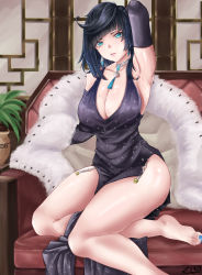 Rule 34 | 1girl, absurdres, arm behind head, arm up, armpits, artist name, asymmetrical hair, bare legs, barefoot, bead necklace, beads, black dress, black gloves, black hair, blue hair, blue nails, breasts, coat, commentary, couch, diagonal bangs, dice, dress, earrings, elbow gloves, english commentary, fur coat, garter straps, gem, genshin impact, gloves, gradient hair, green eyes, highres, indoors, jewelry, large breasts, looking at viewer, mole, mole on breast, multicolored hair, nail polish, necklace, no shoes, parted lips, plant, potted plant, short dress, short hair, side slit, sitting, solo, sparkle print, tassel, thezart (zero), thighs, toenail polish, toenails, unworn coat, yelan (genshin impact)