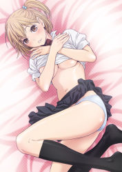 Rule 34 | 10s, 1girl, black skirt, black socks, blonde hair, blue panties, blush, bow, bowtie, breasts, brown eyes, clothes lift, covering privates, covering breasts, female focus, haikyuu!!, hair ornament, kneehighs, looking at viewer, lying, medium breasts, nanno koto, navel, no shoes, on back, one side up, panties, parted lips, pleated skirt, polka dot, polka dot panties, red bow, red bowtie, school uniform, shirt, shirt lift, short hair, short sleeves, skirt, skirt lift, socks, solo, star (symbol), star hair ornament, stomach, underboob, underwear, white shirt, yachi hitoka