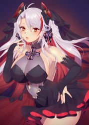 Rule 34 | 1girl, alternate costume, antenna hair, azur lane, bare shoulders, black dress, black gloves, bow, breasts, bridal gauntlets, bridal veil, cleavage, collarbone, cowboy shot, cross, detached collar, dress, finger to mouth, gloves, hair between eyes, hair ornament, headgear, highres, iron cross, large breasts, long hair, looking at viewer, maitei roppa, mole, mole on breast, multicolored hair, prinz eugen (azur lane), prinz eugen (cordial cornflower) (azur lane), red eyes, red hair, see-through, silver hair, solo, streaked hair, thighs, two side up, veil