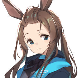 Rule 34 | 1girl, amiya (arknights), animal ears, arknights, ascot, black ascot, blue eyes, blue jacket, brown hair, closed mouth, forehead, jacket, long hair, looking at viewer, looking to the side, rabbit ears, renren (ah renren), rhodes island logo (arknights), simple background, smile, solo, tagme, upper body, white background