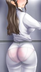 Rule 34 | 1girl, ashigara (kancolle), ass, blush, breasts, brown hair, commentary request, hairband, highres, hip focus, kantai collection, kauchoro (namikazemakase), legs, lips, long hair, looking back, panties, panties under pantyhose, pantyhose, thighband pantyhose, underwear, undressing, white pantyhose