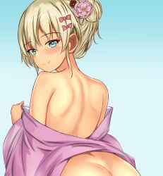 Rule 34 | 1girl, ass, back, bare shoulders, blonde hair, blue background, blush, bow, butt crack, flower, gradient background, grecale (kancolle), green eyes, hair bow, hair bun, hair flower, hair ornament, highres, japanese clothes, kantai collection, kimono, long hair, looking back, montemasa, official alternate costume, pink kimono, smile, solo, undressing