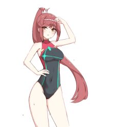 Rule 34 | 1girl, alternate costume, black one-piece swimsuit, breasts, chest jewel, chirun0, commentary request, competition swimsuit, core crystal (xenoblade), cosplay, covered navel, gem, glimmer (xenoblade), hairband, hand on own hip, long hair, looking at viewer, medium breasts, one-piece swimsuit, ponytail, pyra (pro swimmer) (xenoblade), pyra (xenoblade), pyra (xenoblade) (cosplay), red hair, solo, striped clothes, striped one-piece swimsuit, swept bangs, swimsuit, two-tone hairband, two-tone swimsuit, vertical-striped clothes, vertical-striped one-piece swimsuit, white background, xenoblade chronicles (series), xenoblade chronicles 2, xenoblade chronicles 3, xenoblade chronicles 3: future redeemed