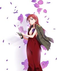 Rule 34 | 1girl, :|, breasts, cleavage, cleavage cutout, closed mouth, clothing cutout, dress, floral background, flower, flower ornament, gun, handgun, highres, holding, holding gun, holding weapon, jacket, jacket on shoulders, kaneko (novram58), lens flare, long hair, medium breasts, military, minna-dietlinde wilcke, orange eyes, petals, pocket pistol, purple flower, red dress, reloading, solo, strike witches, trigger discipline, walther, walther ppk, weapon, wind, wind lift, world witches series