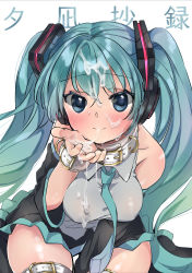 Rule 34 | 1girl, absurdres, aqua eyes, aqua hair, bare shoulders, belt collar, black thighhighs, blush, breasts, collar, collarbone, covered erect nipples, crypton future media, cum, cum on body, cum on clothes, cum on hair, detached sleeves, facial, hair ornament, hatsune miku, highres, long hair, looking at viewer, medium breasts, necktie, sitting, skirt, sleeveless, solo, thighhighs, thighs, translation request, twintails, very long hair, vocaloid, white background, yuunagi show