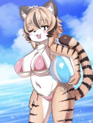 Rule 34 | 1girl, :3, akatsuki no guuru, animal ears, animal nose, antenna hair, ball, beachball, bikini, black hair, blonde hair, blue sky, blush, body fur, breasts, claws, day, fang, furry, furry female, highres, holding, holding ball, jitome, large breasts, looking at viewer, multicolored fur, multicolored hair, navel, ocean, one eye closed, open mouth, original, outdoors, purple bikini, sky, solo, sparkle, streaked hair, striped fur, swimsuit, tail, tiger ears, tiger girl, tiger tail, wet