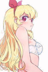Rule 34 | 1girl, aikatsu!, aikatsu! (series), bare arms, blonde hair, bow, bra, breasts, from below, from side, hair bow, hairband, highres, hoshimiya ichigo, long hair, parted lips, red bow, red eyes, red hairband, simple background, small breasts, solo, underwear, underwear only, upper body, white background, white bra, yamamura saki
