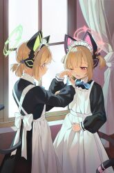 Rule 34 | 2girls, absurdres, animal ear headphones, animal ears, apron, back bow, black dress, blonde hair, blue archive, blue bow, blue bowtie, bow, bowtie, cat ear headphones, cat tail, closed mouth, collared dress, commentary, dress, drooling, fake animal ears, fake tail, frilled apron, frills, green eyes, green halo, halo, headphones, highres, indoors, long sleeves, maid, maid apron, maid headdress, may.l, midori (blue archive), midori (maid) (blue archive), momoi (blue archive), momoi (maid) (blue archive), mouth drool, multiple girls, official alternate costume, one eye closed, parted lips, pink eyes, pink halo, puffy long sleeves, puffy sleeves, short hair, siblings, sisters, standing, tail, twintails, white apron, white bow, window