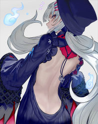 Rule 34 | 1girl, backless outfit, bare back, butt crack, dress, from behind, grey background, grey hair, hair ornament, hairclip, hat, hitodama, jewelry, long hair, looking back, necklace, nijisanji, nijisanji en, orange eyes, reimu endou, simple background, solo, very long hair, virtual youtuber, walzrj