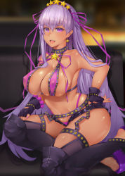Rule 34 | 1girl, bb (fate), bb (fate) (all), bb (swimsuit mooncancer) (fate), bb (swimsuit mooncancer) (second ascension) (fate), black garter belt, breasts, cleavage, covered erect nipples, ctrlz77, earrings, fate/grand order, fate (series), garter belt, gold trim, hair ornament, hair ribbon, high heels, highres, jewelry, kneeling, large breasts, lips, long hair, looking at viewer, micro shorts, nail polish, navel, on one knee, purple eyes, purple hair, purple ribbon, ribbon, shorts, solo, star (symbol), star earrings, star hair ornament, tan, teeth, thighhighs, thighs, toenail polish, toenails, very long hair