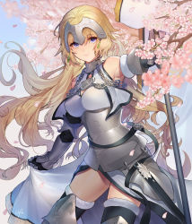 Rule 34 | 1girl, absurdres, armor, bad id, bad pixiv id, banner, blonde hair, blue eyes, blue sky, breasts, bridal gauntlets, chain, cherry blossoms, commentary request, earrings, elbow gloves, fate/grand order, fate (series), flag, gauntlets, gloves, headpiece, highres, holding, jeanne d&#039;arc (fate), jeanne d&#039;arc (ruler) (fate), jeanne d&#039;arc (third ascension) (fate), jewelry, large breasts, lips, long hair, outdoors, pauldrons, sakupannda06o, sheath, shoulder armor, sky, smile, solo, thighhighs, weapon